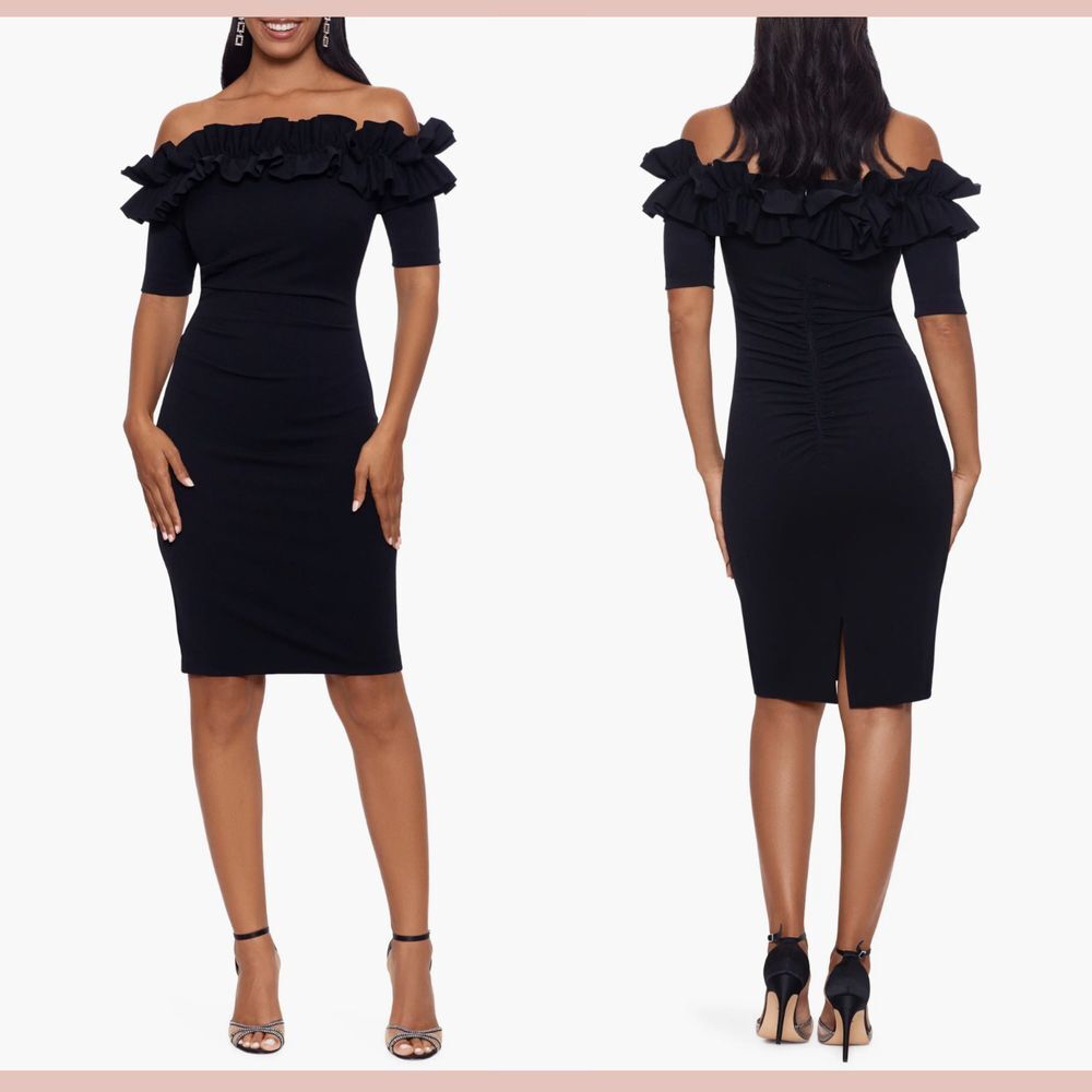 NEW $228 XSCAPE‎ [ 16P PETITE  ] Ruffle Off Shoulder Cocktail Dress Black